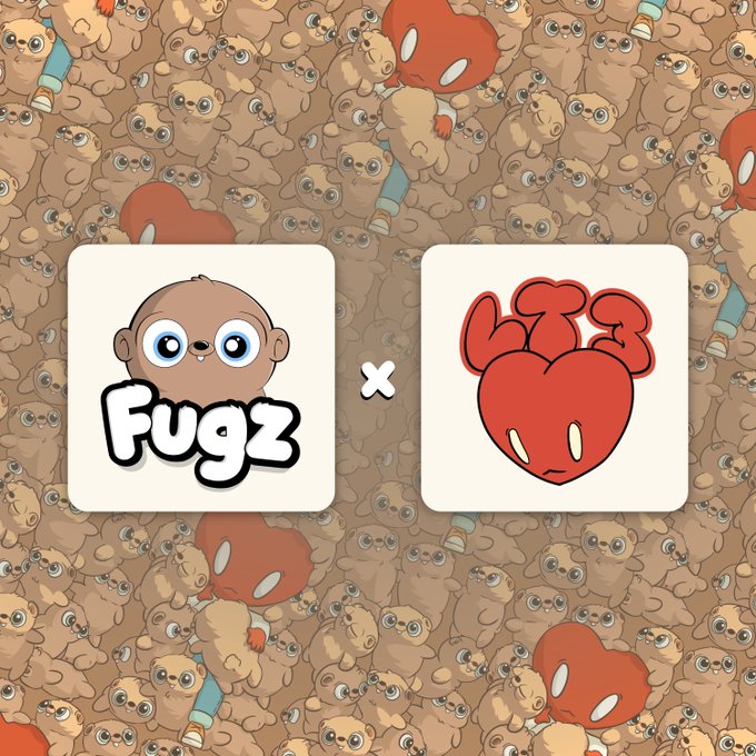 A promotional graphic displaying logos for 'Fugz' and a red cartoon heart character with an 'x' between them, set against a background pattern of repeated cartoon characters.