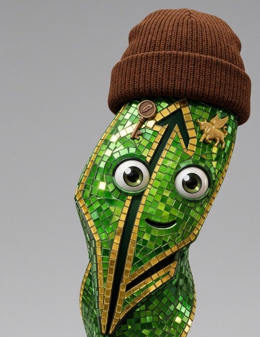 A green mosaic figure with big googly eyes and a smile wears a brown beanie, decorated with a key and a small gold winged creature on its body.
