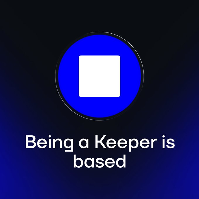 A promotional graphic for Base in Keeper shows the blue Base logo with a white square inside, set against a dark blue gradient background. Below it, large white text reads “Being a Keeper is based,” referencing the announcement that Base is now live in Keeper.