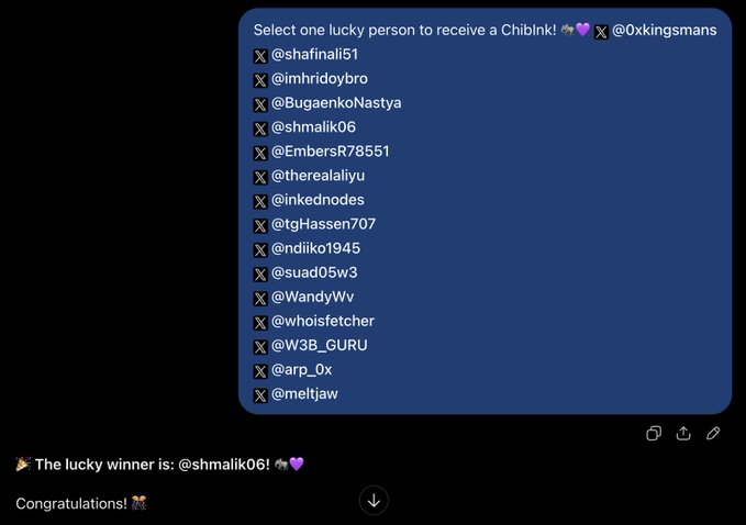 A Discord message from @0xkingsmans running a giveaway for a Chiblink, selecting one lucky winner from a list of participants, with @shmalik06 announced as the winner.