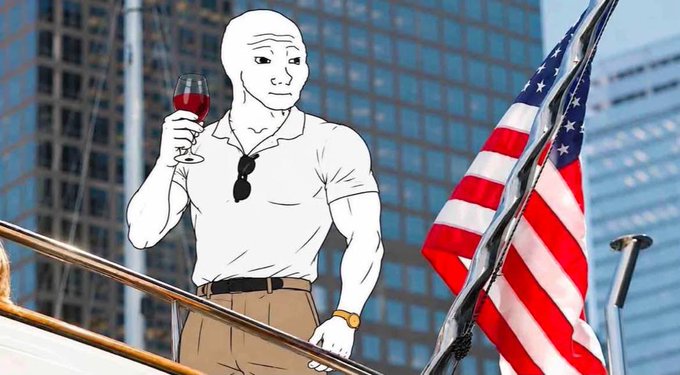 A Wojak-style meme illustration showing a bald man in a polo shirt holding a glass of red wine on a yacht with an American flag.