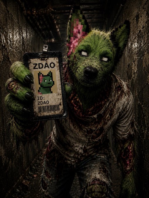 A green, zombie-like anthropomorphic dog holds up a tattered ID badge displaying the text "ZDAO" and "ID: ZDAO" alongside a pixelated dog icon, visually representing the "zombie DOGINAL DOGS" referenced in the accompanying text.