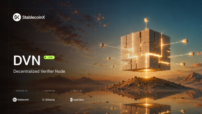 The image features a poster for stablecoins with a 3D rendering of a cube floating above a mountain range at sunset. The text on the poster reads "DVN" and "decentralized verifier node", indicating that the stablecoin is now enabled across every chain in the Ethena ecosystem, which helps secure USDe and sUSDe transactions.
