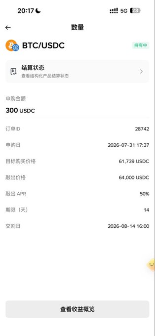 A mobile app screenshot showing a BTC/USDC order details page with 300 USDC subscription amount, target purchase price of 61,739 USDC, strike price of 64,000 USDC, 50% max APR, and a 14-day expiry ending on 2026-08-14.