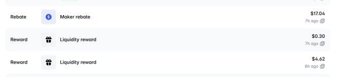 The image shows a screenshot from an app called Polymarket Today that displays user's earning reports for past few days. The focus of the current report is the money received through maker rebates compared to liquid rewards, showing that the user has been receiving more maker rebates than liquidity rewards.