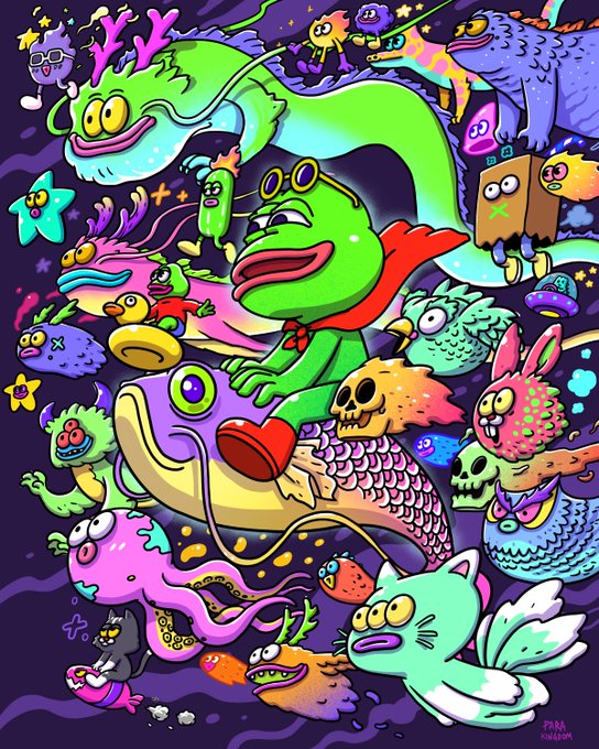 A vibrant, colorful cartoon illustration filled with surreal creatures including a green frog in a red scarf riding a rainbow fish, surrounded by monsters, skulls, octopi, and other whimsical characters on a dark purple background.