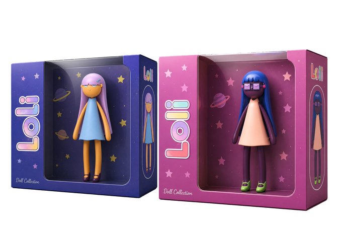 Two Lali Doll Collection figures in window boxes—one with purple hair in a blue dress on a starry blue background, and one with blue hair in a peach dress on a starry pink background.