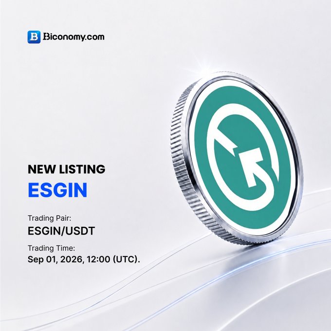 A promotional graphic from Biconomy.com announcing a new cryptocurrency listing. The text reads: 'NEW LISTING ESGIN', 'Trading Pair: ESGIN/USDT', and 'Trading Time: Sep 01, 2026, 12:00 (UTC).', alongside a 3D render of a silver coin featuring a green 'G' logo.