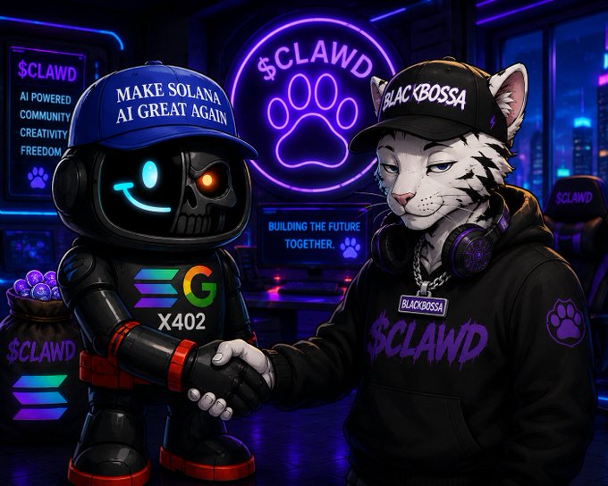 A neon-lit digital artwork showing a robot wearing a 'Make Solana AI Great Again' hat shaking hands with an anthropomorphic cat character wearing a 'Black Bossa' cap, with '$CLAWD' branding and a Solana logo visible.