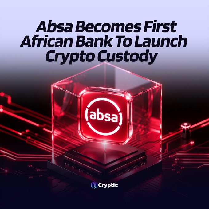 The image is a stylized promotional graphic featuring the Absa bank logo (a glowing red square with "absa" inside a circular design) encased in a transparent cube on a dark circuit board backdrop, with the headline "Absa Becomes First African Bank To Launch Crypto Custody" above and a "Cryptic" watermark at the bottom.