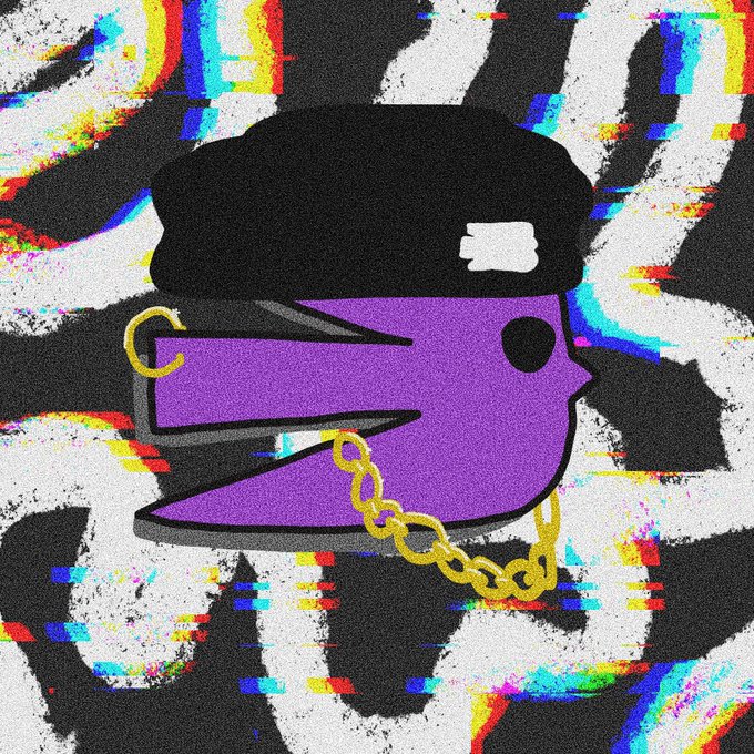 A glitch-art style illustration of a purple character wearing a black beanie and gold chain against a colorful distorted background.