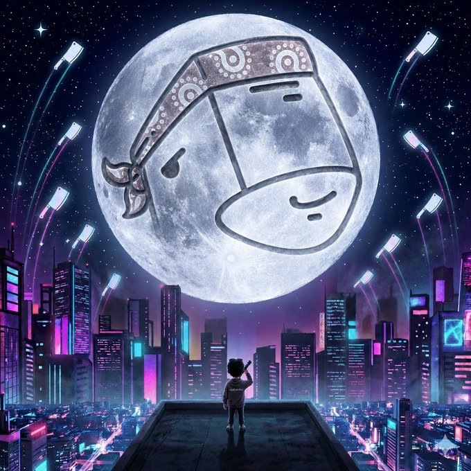 A stylized illustration of a character looking up at a massive moon displaying the bored ape NFT face, set against a neon-lit futuristic city skyline at night.