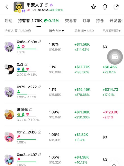 The image shows a holder ranking page for the meme coin "币安太子" (Binance Prince/CZ's Son), priced at $1.51M with a 40.86% gain, displaying top holders and their profit percentages (such as +214.62%, +198.36%, and +879.68% gains). This contradicts the caption's sentiment by showing that despite the "hating" mentioned, top holders have made substantial profits (up to $17.77K), suggesting the coin is actually performing very well for those who bought in.