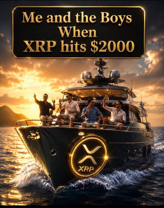 A group of men celebrate with drinks on a luxury yacht emblazoned with the XRP logo, set against a golden sunset, captioned "Me and the Boys When XRP hits $2000"—imagining the ultimate payoff of long-term conviction and patience in XRP, mirroring the post's message that lasting rewards favor those who hold steady through the market's noise rather than chasing short-term hype.