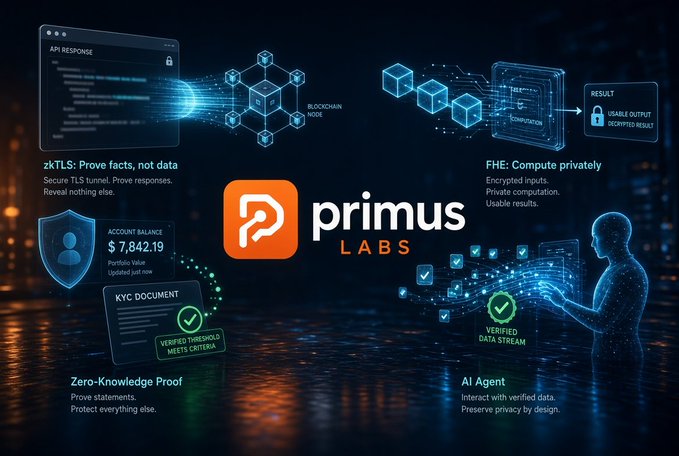 The image showcases Primus Labs' suite of privacy-focused technologies—including zkTLS, FHE, Zero-Knowledge Proofs, and AI Agent data streams—set against a dark, tech-inspired backdrop of blockchain nodes and holographic interfaces.

It visually illustrates the post's theme about bridging the gap between web2 and web3 by enabling verification of sensitive data (balances like "$7,842.19", KYC documents, API responses) without exposing the underlying information.
