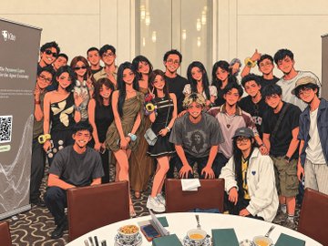 A large group of people poses together for a group photo at what appears to be a fan event or gathering, with banners visible in the background.