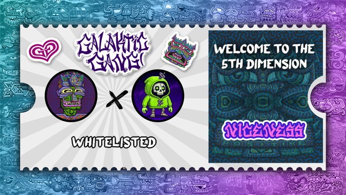A promotional graphic for Galactic Givers NFT featuring two character avatars and text reading 'WELCOME TO THE 5TH DIMENSION', 'WHITELISTED', and 'MINTVERSE'.