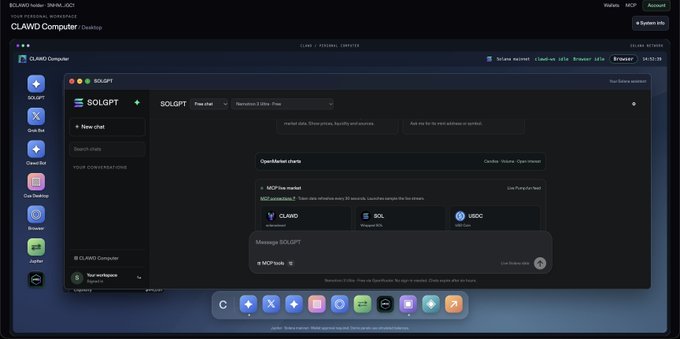 A screenshot of the O.XOLO desktop computer interface displays various applications like SOLGPT, MCP-free market, and USDC, alongside a sidebar with options such as SOLGPT, Web Bot, and Browser.