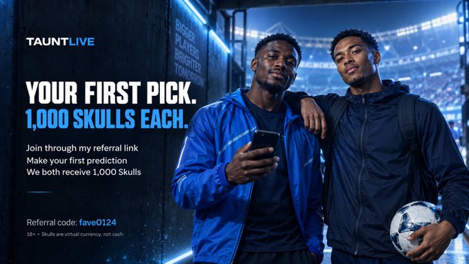 A TauntLive promotional image featuring two young men (one in a blue jacket holding a phone, another in black holding a soccer ball) with text 'YOUR FIRST PICK. 1,000 SKULLS EACH.' and referral code 'fave0124'.