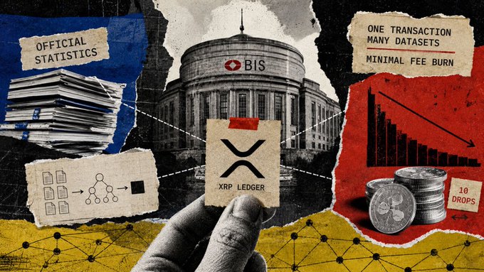 A collage-style graphic features the XRP Ledger logo held in front of a central bank building, surrounded by torn paper notes reading 'OFFICIAL STATISTICS', 'ONE TRANSACTION MANY DATASETS', and 'MINIMAL FEE BURN'.
