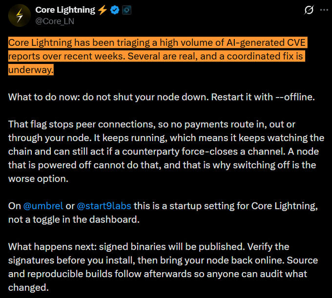 Core Lightning (@Core_LN) tweet advising node operators not to shut down but restart with --offline flag, while they triage AI-generated CVE reports and prepare a coordinated fix with signed binaries to follow.