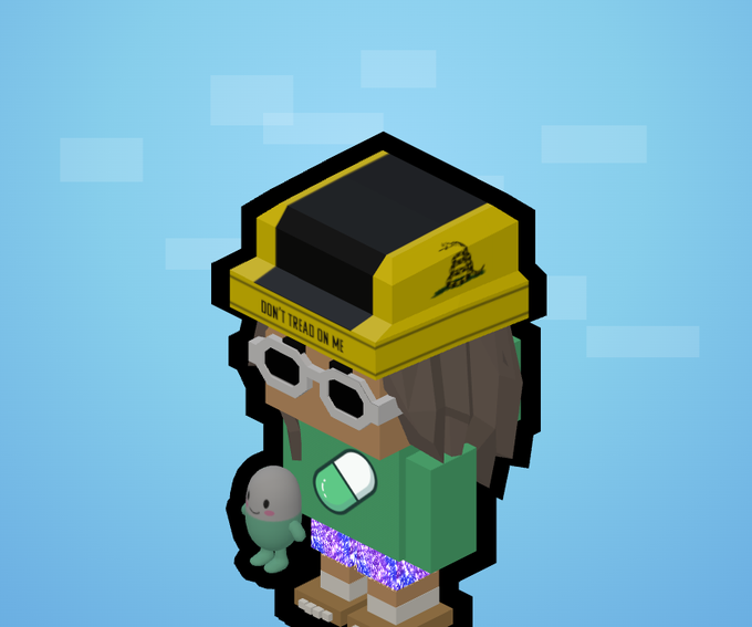 A pixelated character wearing a yellow "DON'T TREAD ON ME" hat and white sunglasses holds a small plush figure called Cupsey against a light blue sky background. The image visually represents the announcement of Cupsey as Kintara's first handheld cosmetic plushie available for a limited 7 days in the Cosmetic Shop.