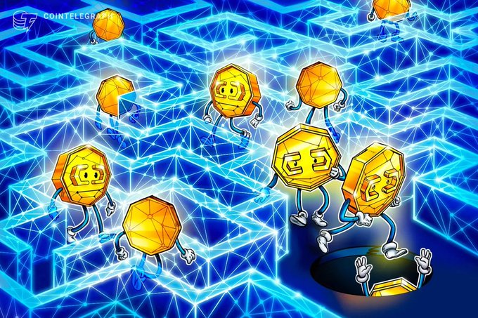 A Cointelegraph illustration showing cartoon gold coins with arms and legs walking across a glowing blue digital landscape made of interconnected geometric nodes.