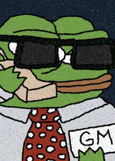 A cartoon drawing of Kermit the Frog wearing pixelated sunglasses and a white shirt with a red polka-dot tie, with a 'GM' speech bubble.