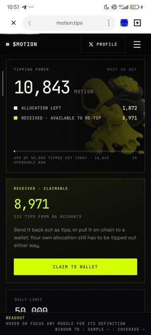A mobile app screenshot from motion.tips showing a 'TIPPING POWER' of 10,843 MOTION, with 1,872 allocation left and 8,971 received, and a green 'CLAIM TO WALLET' button.