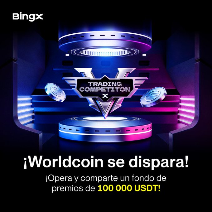 The image features a promotional poster for an event called "World Coin Se Dispara!". The poster displays various coins, including some in the shape of stars or circles, accompanied by a blue background with a futuristic graphic design. The title of the event is prominently displayed at the top of the poster and reads "WLD coin se disparu! Opera y comparete un forto de 100,000 USDT!", indicating that this event offers an opportunity for people to participate in the world of cryptocurrency. The main focus on the image showcases its visual elements while also providing information about the event or promotion.