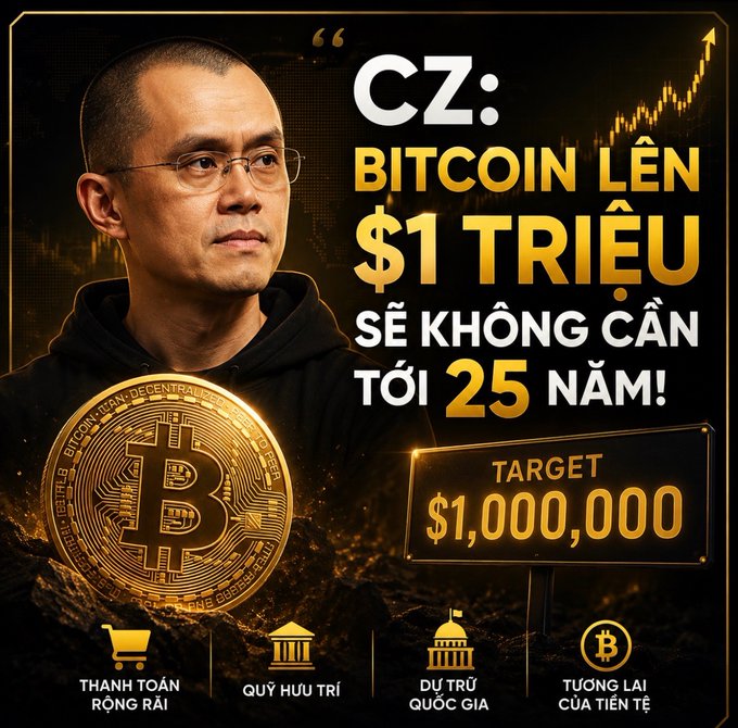 A Vietnamese-language graphic featuring CZ (Changpeng Zhao) with the text 'CZ: BITCOIN LÊN $1 TRIỆU SẼ KHÔNG CẦN TỚI 25 NĂM!' and a 'TARGET $1,000,000' sign, accompanied by icons representing shopping cart, bank, government, and Bitcoin with labels 'Thanh toán rộng rãi', 'Quỹ hưu trí', 'Dự trữ quốc gia', and 'Tương lai của tiền tệ'.