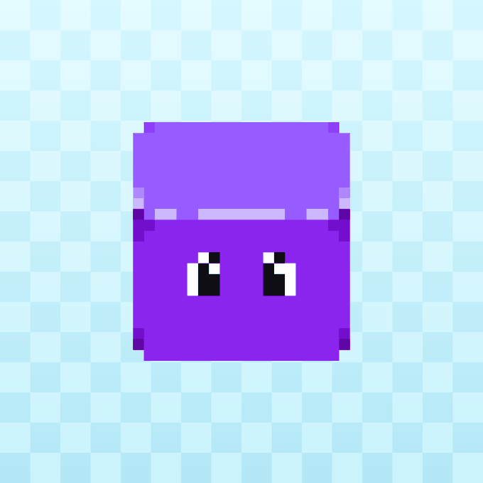 A pixel art purple Blupet character with a simple, cute face featuring two black eyes and a lighter purple band across its upper portion, displayed on a light blue checkered background to represent one of the five Blupets from the "Blu Sweep" purchase.