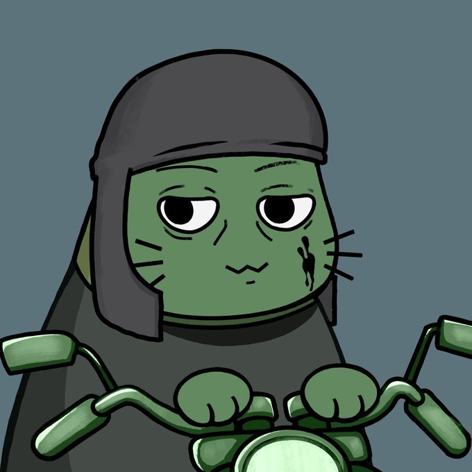 A cartoon illustration of a green cat wearing a black helmet, riding a motorcycle with a moody expression and a small mark on its cheek.