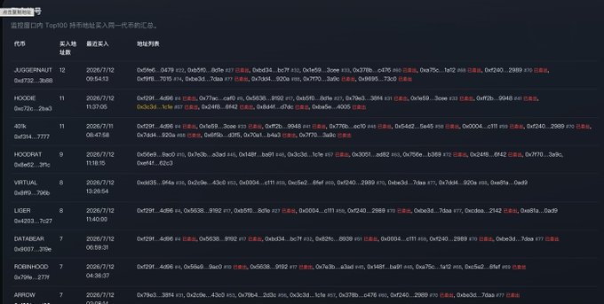 A leaderboard interface titled "监控部门内 Top100 持有地址买入同一代币的记录" (Monitor department's Top100 holding addresses' records of buying the same token) showing a ranked list of wallet addresses (JUGENDNAUT, HOOKIE, 40rk, HOOKRAT, VIRTUAL, USER, DATABEAR, ROBINHOOD, ARROW) with their purchase times, buy prices, and related token information.