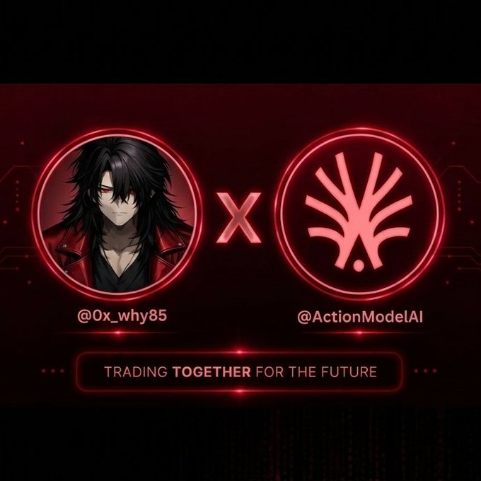 A red-themed promotional graphic featuring an anime-style character portrait on the left labeled '@0x_why85' and a tree logo on the right labeled '@ActionModelAI', with the tagline 'TRADING TOGETHER FOR THE FUTURE'.
