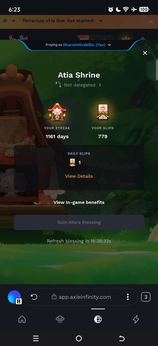 Mobile screenshot of the Axie Infinity website showing 'Atia Shrine' page with a 1161-day streak, 779 SLIPS earned, and an option to 'Gain Atia's Blessing'.
