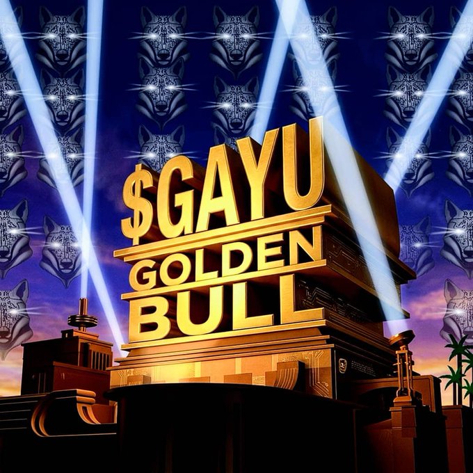 A golden "GAYU Golden Bull" monument glows under dramatic spotlights against a backdrop of repeating blue tiger faces and a twilight sky, symbolizing bullish market strength. The bold gold typography reinforces the post's theme of confident accumulation during volatile market "waves" for the $GAYU token.
