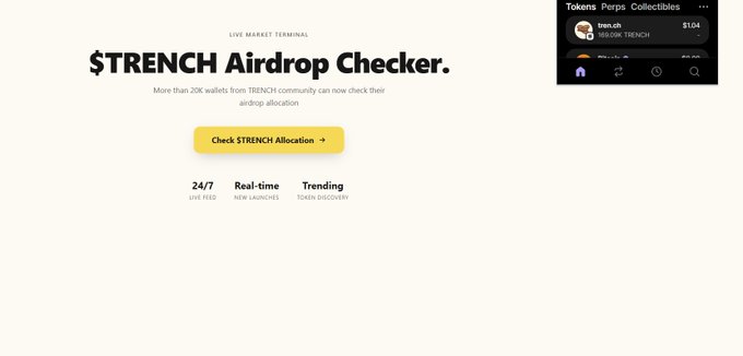 A webpage titled "$TRENCH Airdrop Checker" displays text "More than 20K wallets from TRENCH community can now check their airdrop allocation" with a yellow "Check $TRENCH Allocation" button and a wallet preview showing "tren.ch" with $104.