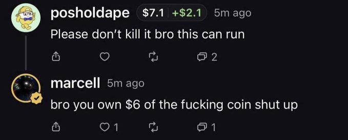 A screenshot of YouTube comments where user 'posholdape' writes 'Please don't kill it bro this can run', and 'marcell' replies 'bro you own $6 of the fucking coin shut up'.