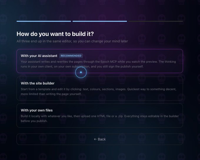 The image shows a setup screen titled "How do you want to build it?" presenting three options for creating a site: "With your AI assistant" (recommended), "With the site builder," or "With your own files." This relates to the post by illustrating the AI assistant integration workflow, where an AI drafts frontend code through Epoch MCP—aligning with the caption's mention of an AI assistant serving builds directly on Walrus without requiring servers, backends, or API keys.
