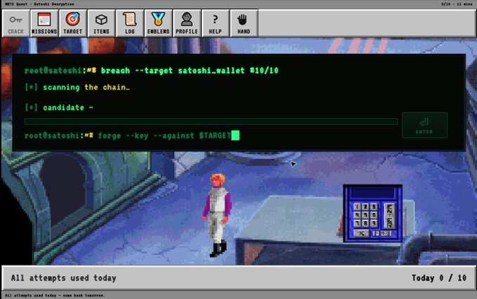 The image shows a retro-style hacking mini-game interface titled "NITC Quest - Satoshi Enterprise" where the player attempts to "breach --target satoshi.wallet $10/10" with the message "All attempts used today - come back tomorrow," tying into the post's concept of MemeBitcoin's "Proof-of-Viral" system and the pursuit of cracking Satoshi's wallet.