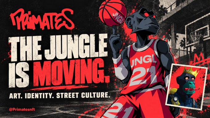 A street-art style NFT promotional banner for 'PRIMATES' (@Primatesnft) with the slogan 'THE JUNGLE IS MOVING. ART. IDENTITY. STREET CULTURE.' featuring a cartoon monkey in a red JNGL #21 jersey spinning a basketball.