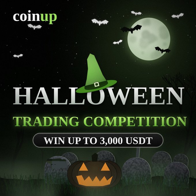 A black-and-green promotional graphic reads “coinup,” “HALLOWEEN TRADING COMPETITION,” and “WIN UP TO 3,000 USDT,” with bats, a moon, gravestones, and a jack-o’-lantern.