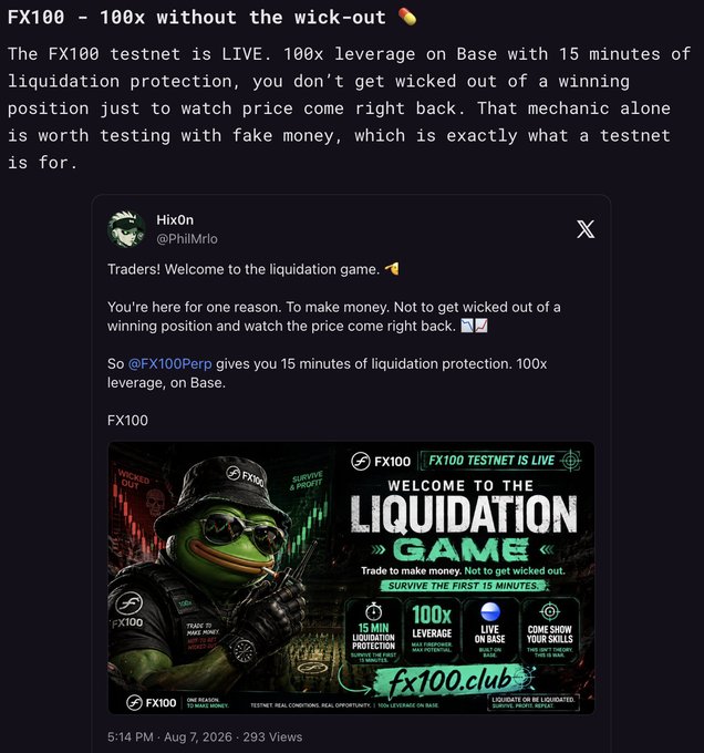 A promotional social media post advertises 'FX100 - 100x without the wick-out' on testnet, featuring text about 100x leverage on Base with 15 minutes of liquidation protection, alongside an embedded post by @PhilMrlo with promotional graphics including 'WELCOME TO THE LIQUIDATION GAME' and 'fx100.club'.