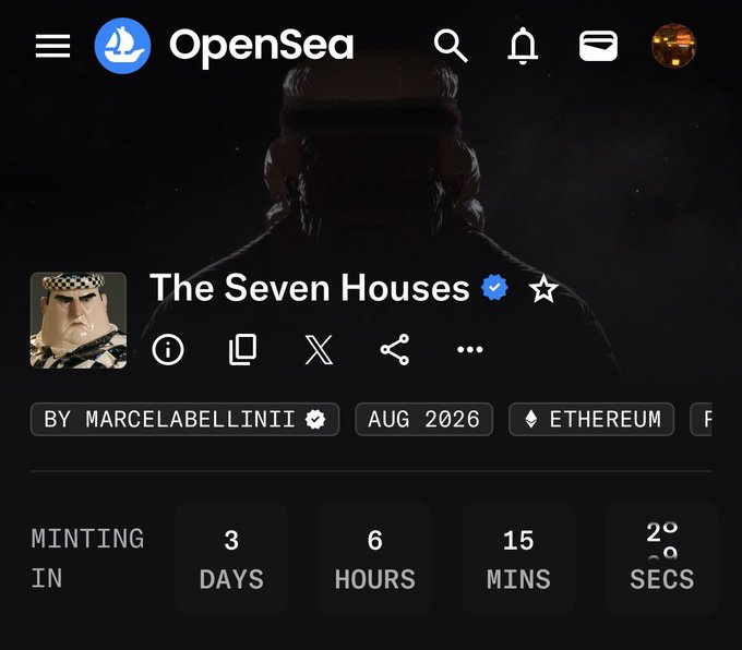 Screenshot of OpenSea NFT collection page titled "The Seven Houses" by Marcelabellini, verified, with minting countdown showing 3 days, 6 hours, 15 minutes.