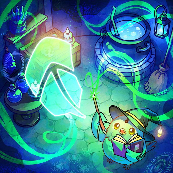 An illustration of a small, round, teal creature wearing a wizard hat and reading a purple book while holding a glowing green wand, surrounded by magical green swirls in a potion-filled room.