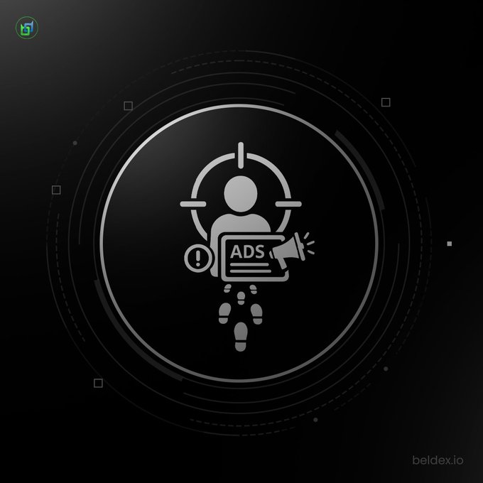 A dark graphic with a central circular emblem features a stylized icon of a person holding a megaphone labeled "ADS" with an alert symbol, appearing as an advertisement for the platform "beldex.io".