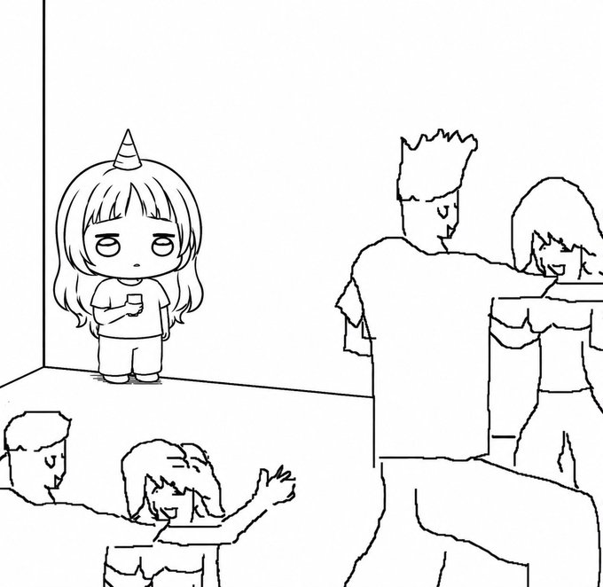 A simple black and white line drawing showing a chibi-style girl with a unicorn horn standing alone in the corner while people at a party ignore her.