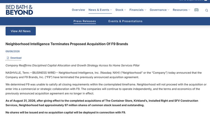 A press release from Bed Bath & Beyond's website dated 09/08/2026, headlined 'Neighborhood Intelligence Terminates Proposed Acquisition Of F9 Brands', detailing the termination of the acquisition agreement.