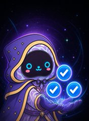 A cute hooded figure with glowing eyes holds glowing blue checkmarks against a cosmic purple background.